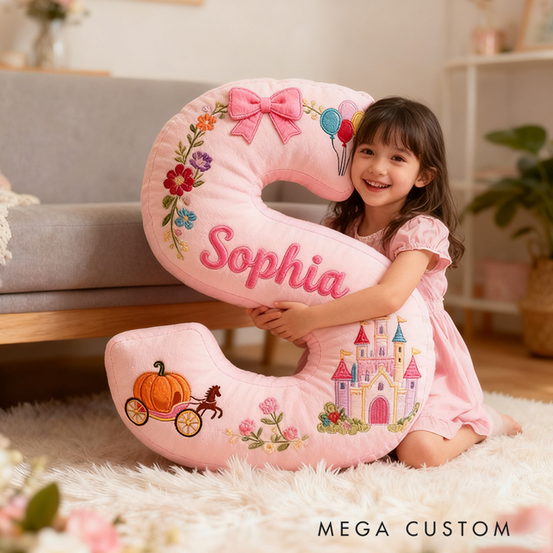 Personalized Pink Letter Christmas Gift Pillow with Castle Pumpkin Carriage Rainbow for a Fairytale Inspired Design Graphic 3D Print Pillow