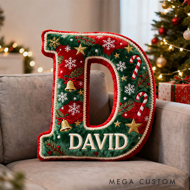 Personalized Christmas Letter Pillow Festive Holiday Decor Candy Cane and Bell Graphic 3D Print Cozy Custom Cushion for Living Room Soft Decorative