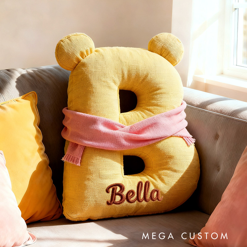 Personalized Bear Letter Name Custom Kids Gift Cute Yellow Soft Cozy Decorative Graphic 3D Print Pillow Gift for Kids Family