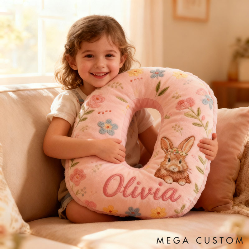 Personalized GirlFriend Flower Floral Rabbit Pink Pillow Custom Name Cushion Valentine's Gift for GirlFriend Christmas Gift for Her for Flower Girl