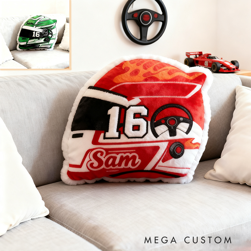Personalized Racing Helmet Shaped Pillow Graphic 3D Print Custom Name Race Car Design Cushion Gift for Motorsports and Racing Lovers