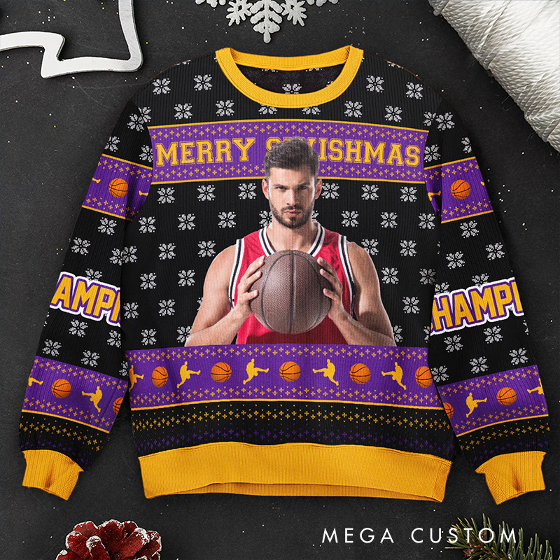 Personalized Basketball Christmas Sweater with Custom Photo and Festive Design