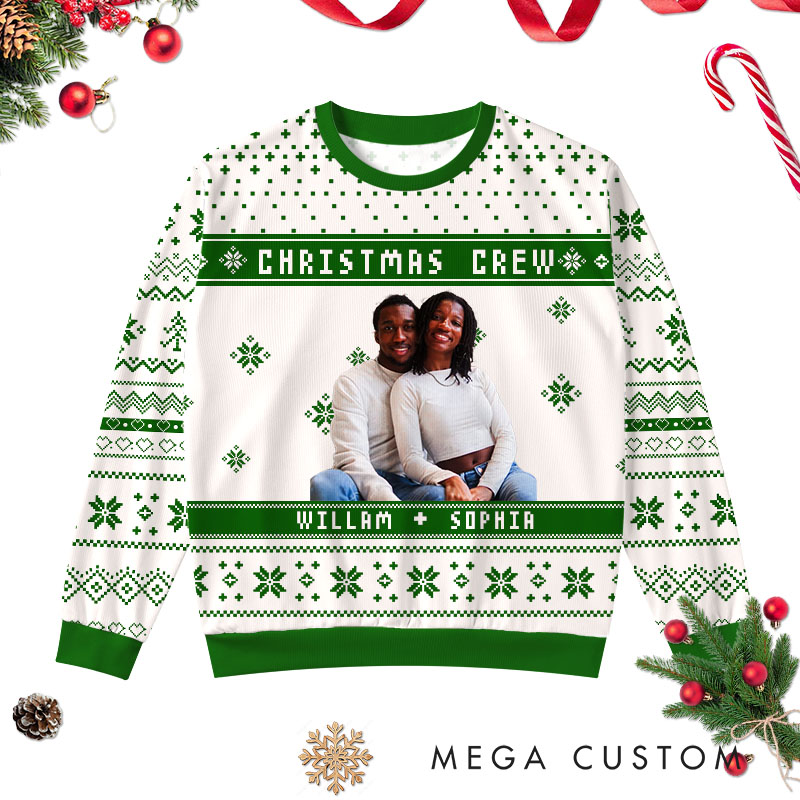 Personalized  Couple Christmas Crew Photo Ugly Sweater Couple Festive Sweater with Photo for Husband Wife Couple Anniversary Ugly Sweater