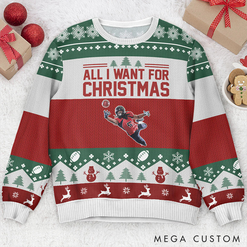 Personalized American Football Holiday Ugly Sweatershirt with Custom Photo and Festive Design