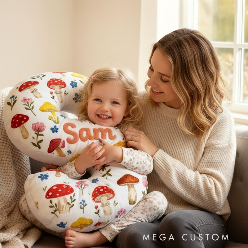 Personalized Cute Flower Letter Pillow Graphic 3D Print Whimsical Mushroom Flower Name Pillow for Kids Family Gardening Lover Gift