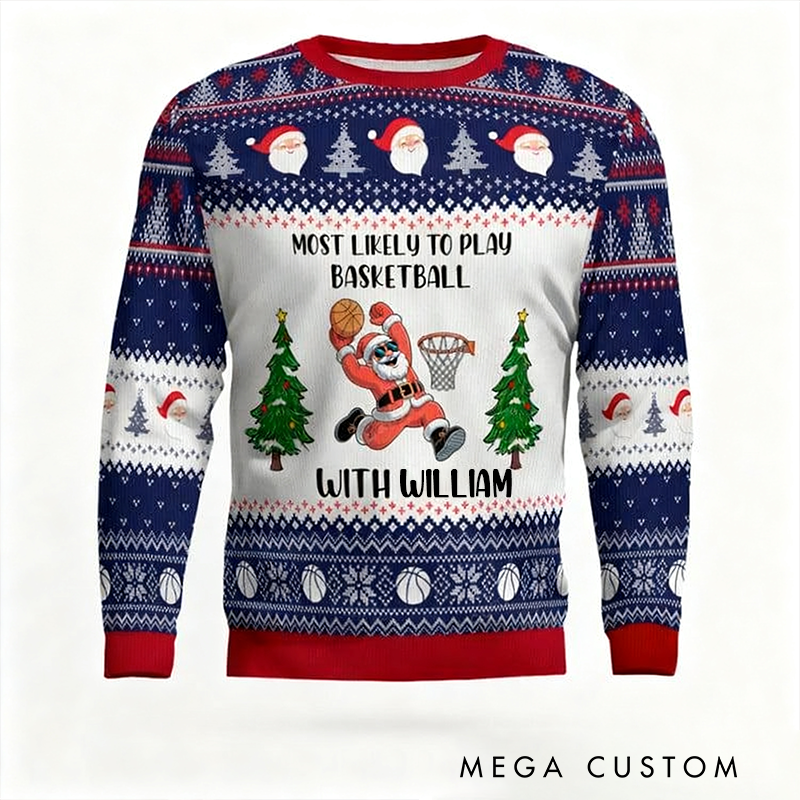Personalized Basketball Christmas Sweater with Santa Design and Custom Name