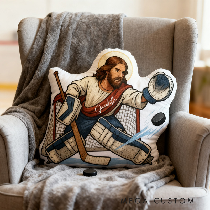 Personalized Jesus Saves Hockey Goalie Pillow with Name Home Decor Christian Humor Pillow Christian Athlete Gift Religious Gift for Hockey Lover