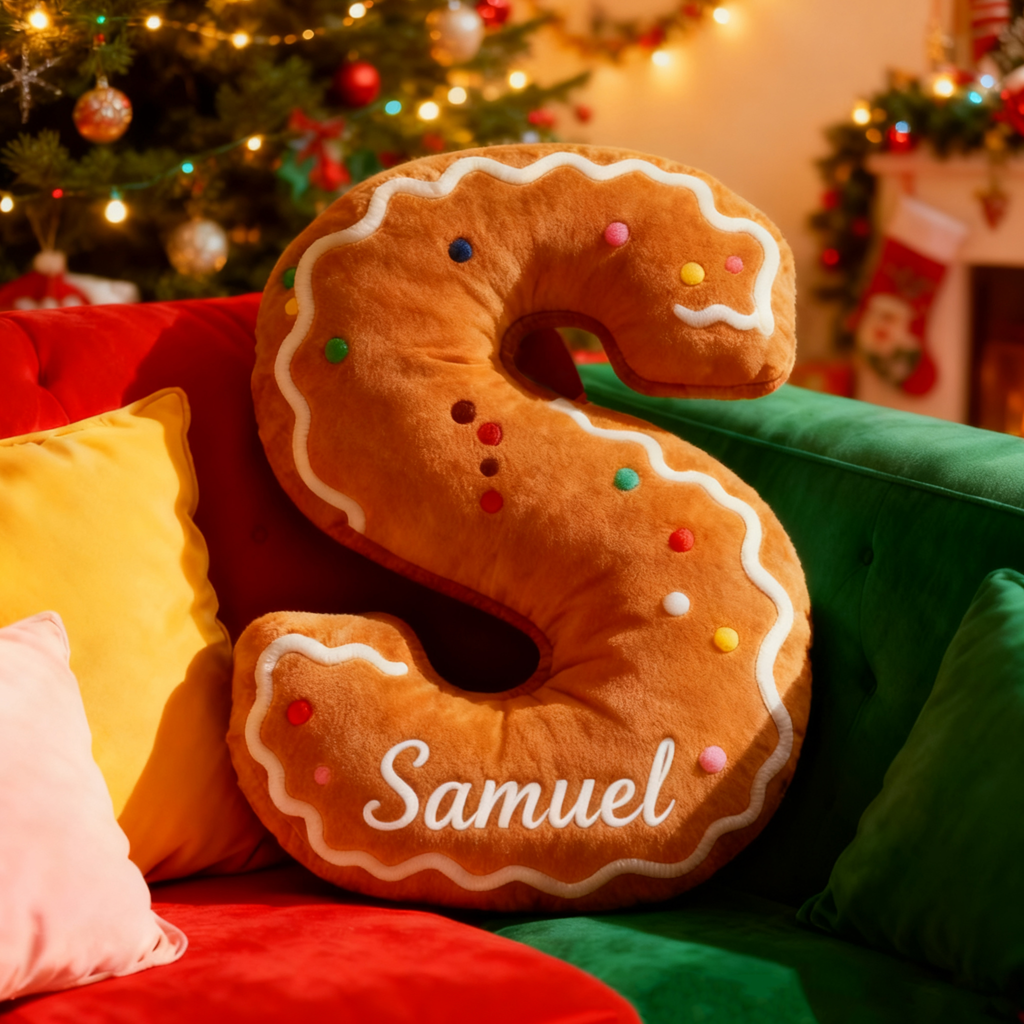 Personalized Gingerbread Alphabet Throw Pillow Graphic 3D Print Baking Cookie Letter Pillow with Name for Kids Christmas Baker Birthday Gift