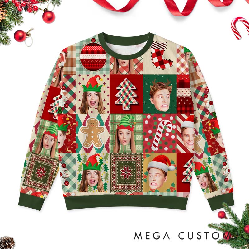 Personalized Funny Couple Photo Patchwork Christmas Ugly Sweater Custom Couple Face Xmas Matching Crewneck Sweatshirt Christmas Gift for Husband Wife