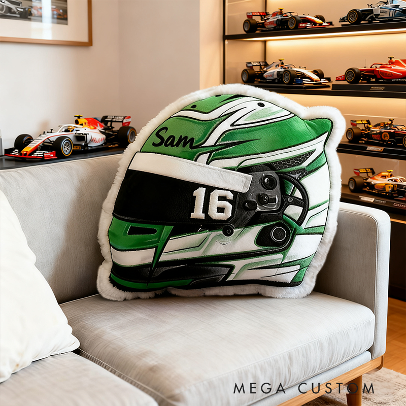 Personalized Racing Helmet Shaped Pillow Graphic 3D Print Custom Name Race Car Design Cushion Gift for Motorsports and Racing Lovers