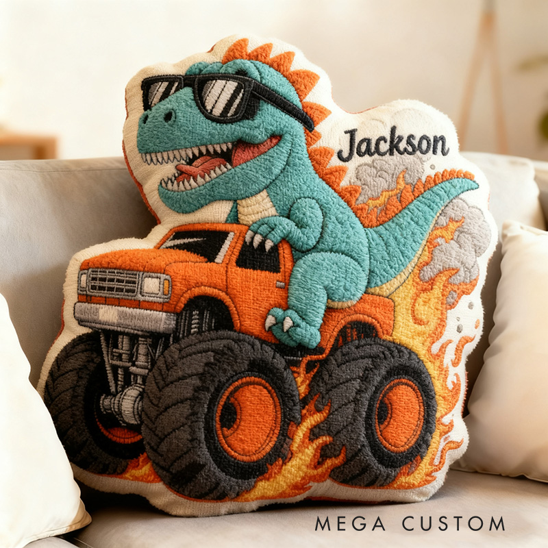 Personalized Cool Dinosaur Driving Monster Truck Custom Name Fun Boys Room Decoration Unique Adventure Style Plush  Graphic 3D Print Pillow