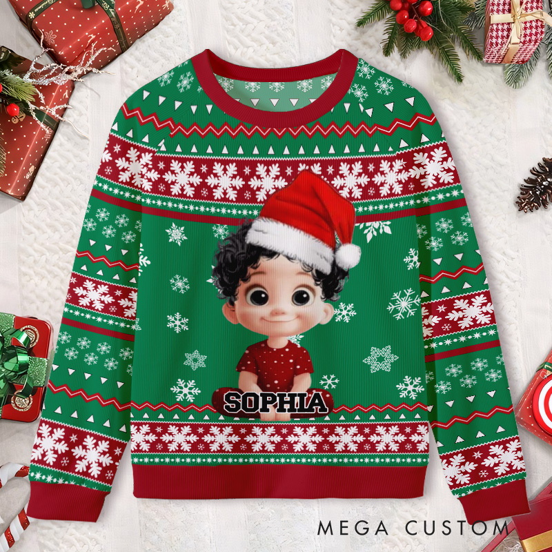 Personalized Green Santa Sweater Kids Ugly Christmas Sweater