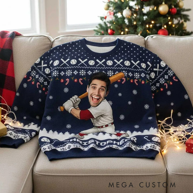 Personalized Baseball Christmas Ugly Sweatshirt with Custom Face and Name