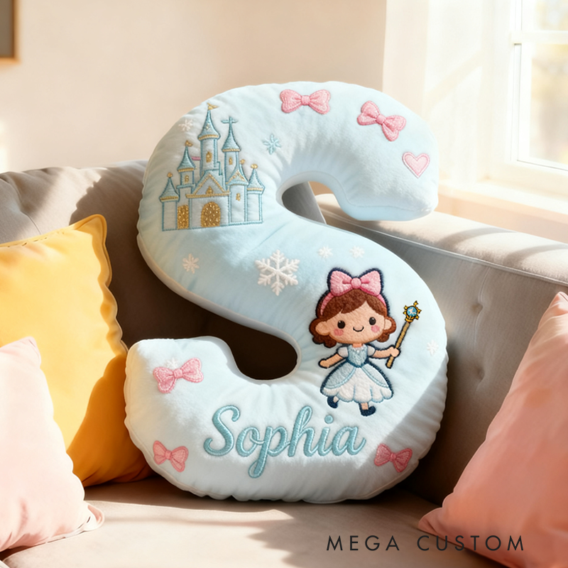 Personalized Light Blue Letter Christmas Gift Pillow with Castle Bow Accents and Fairy Princess Design for a Magical and Whimsical Touch 3D Print Pillow