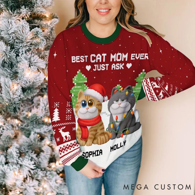 Personalized Cat Lover Best Chunky Cat Mom Christmas Ugly Sweater