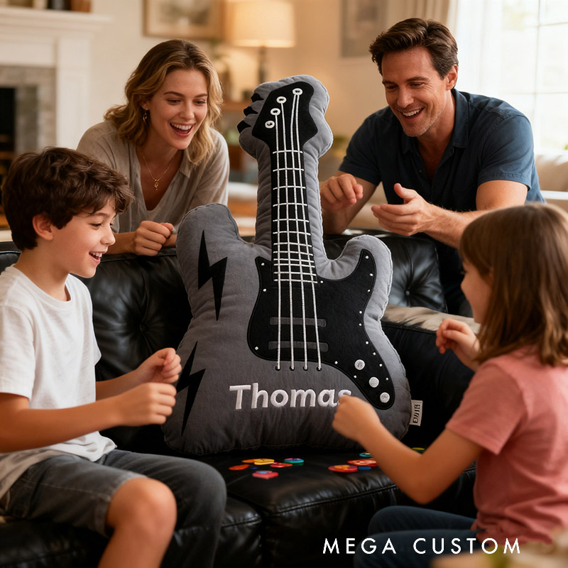 Personalized Graphic 3D Print Electric Guitar Pillow With Your Own Name Soft Stuffed Toy for Rock Music Lovers Unique Decorative Cushion for Boys' Room and Music Room