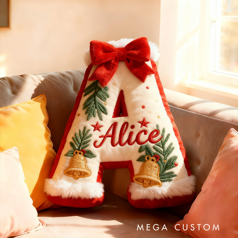 Personalized Christmas Letter Name Custom Kids Gift Festive Red Bow Holiday Cozy Decorative Graphic 3D Print Pillows