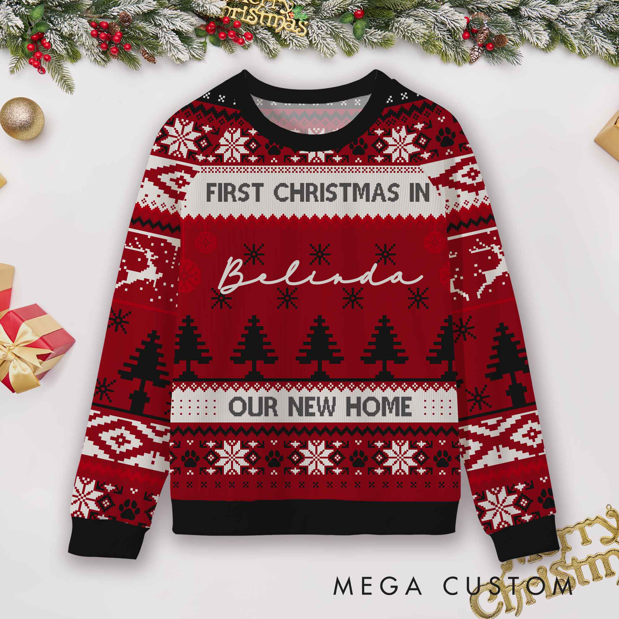 Personalized First Christmas in Our New Home Ugly Sweater Custom Housewarming Gift Festive Holiday Sweatshirt for Family Christmas Party Decorations