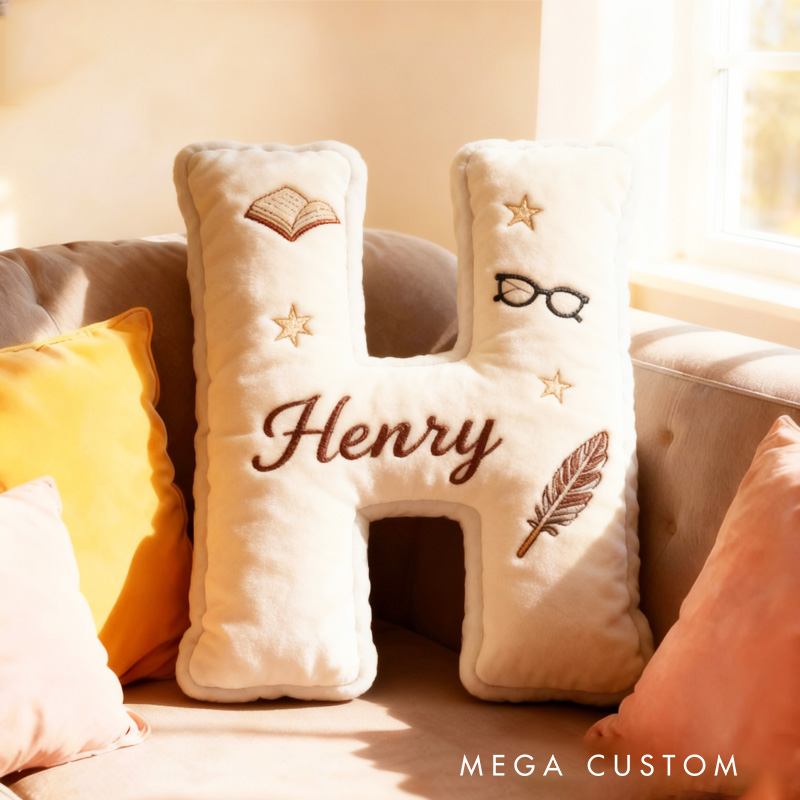 Personalized Book Alphabet Throw Pillow Graphic 3D Print Bookish Book and Glasses Pillow with Name for Kids Book Lover Gifts Birthday Gift