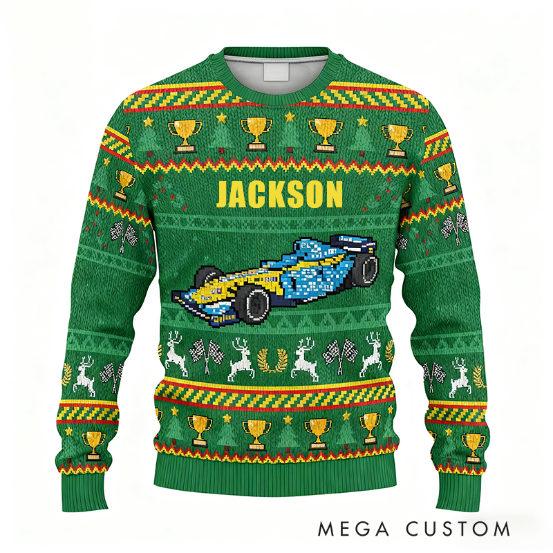 Personalized Christmas Ugly Sweater with Reindeer Design Custom Text Sweater Gift for Racers and Racing Lovers