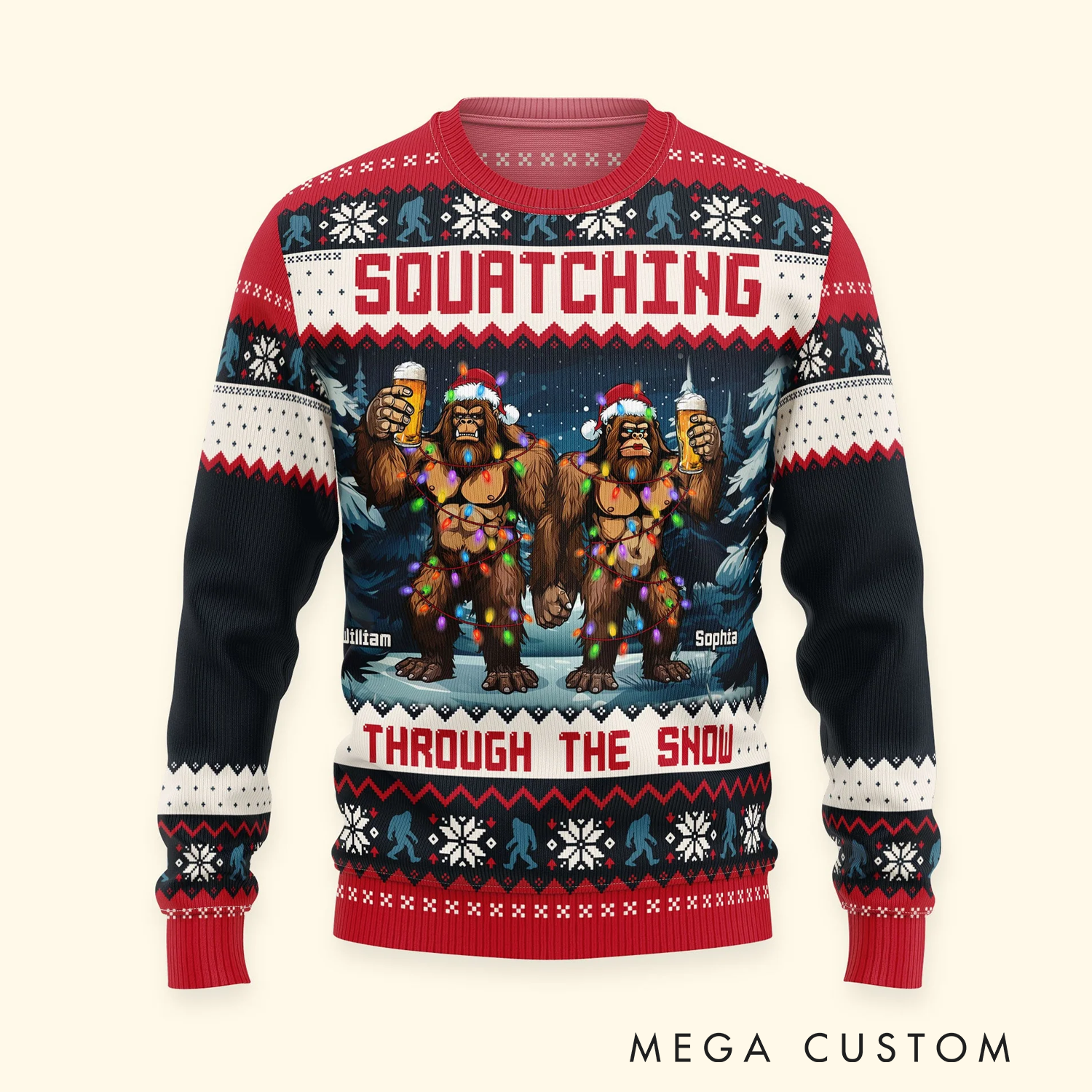 Personalized Squatching Through the Snow Ugly Sweater Christmas Gift for Outdoor Hiking Enthusiasts