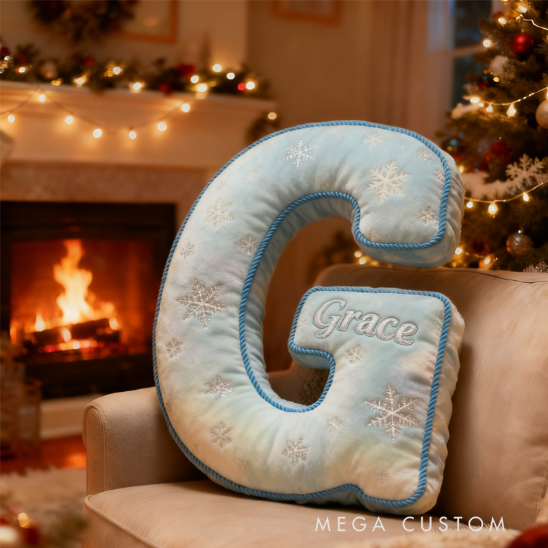 Personalized Blue Snowflakes Initial Graphic 3D Print Pillow with Name Christmas Gift for Kids