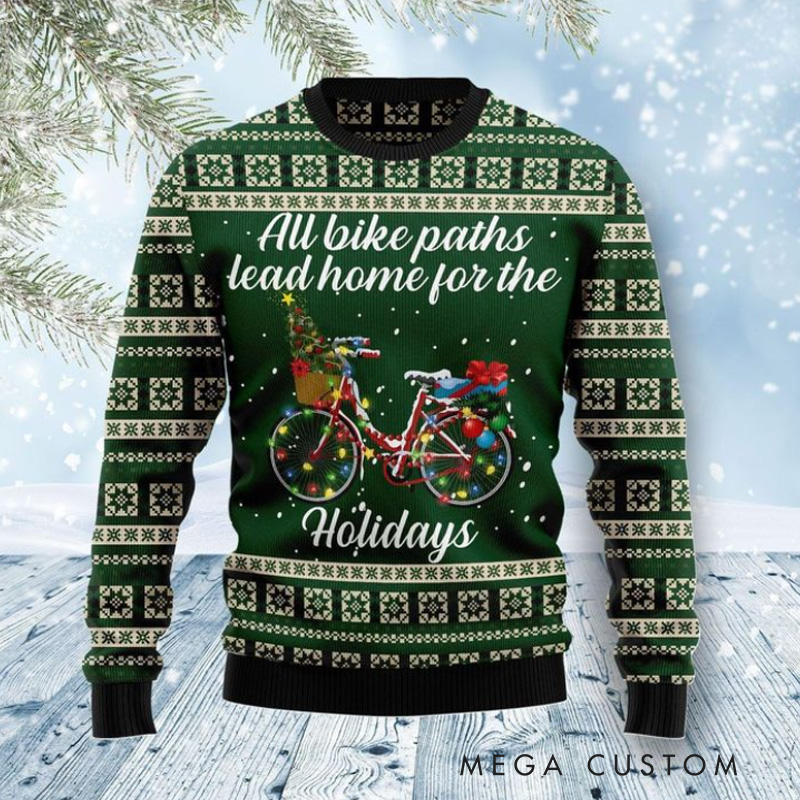 Personalized All Bike Paths Lead Home 3D Ugly Christmas Sweater Funny Cyclist Gift Bicycle Holiday Jumper Bike Rider Christmas Keepsake