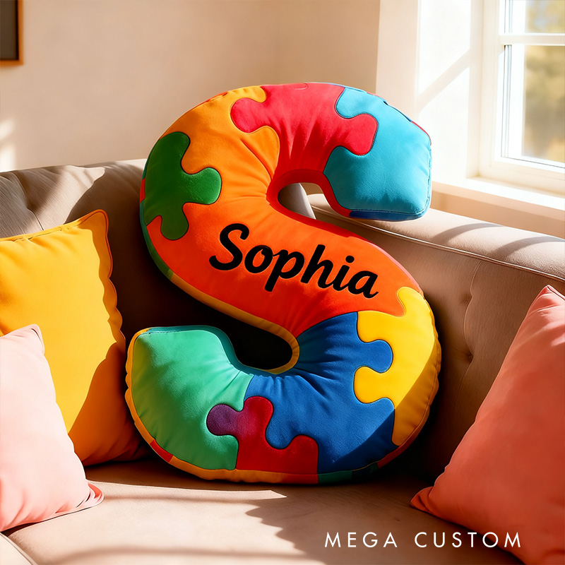 Personalized Colorful Puzzle Piece Letter Initial Name Cushion Soft Decorative Gift for Kids Room Cozy Alphabet Shape Gifts for Children With Autism Pillow