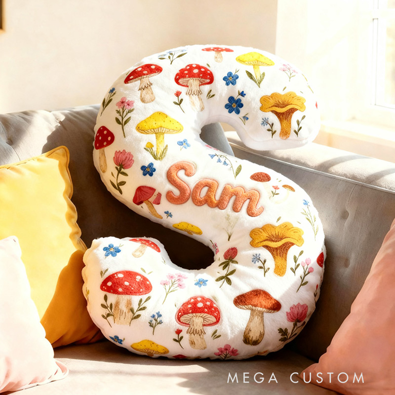 Personalized Cute Flower Letter Pillow Graphic 3D Print Whimsical Mushroom Flower Name Pillow for Kids Family Gardening Lover Gift