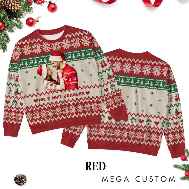 Personalized Couple Photo Christmas Ugly Sweater Custom Couple Face Xmas Matching Crewneck Sweatshirt Christmas Gift for Husband Wife