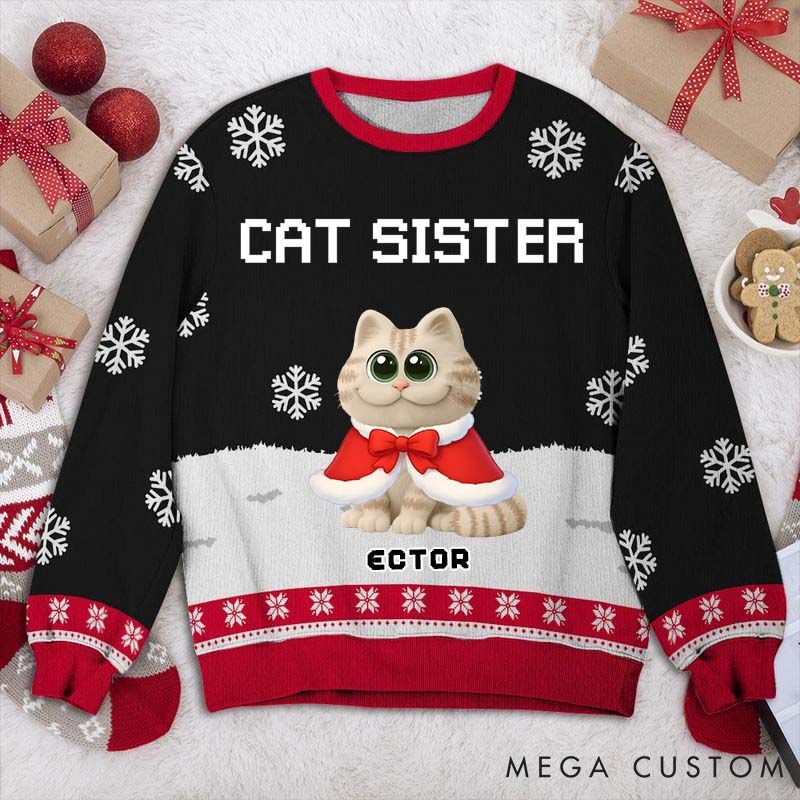 Personalized Cat Lover Cat Mom Winter Christmas Ugly Sweater