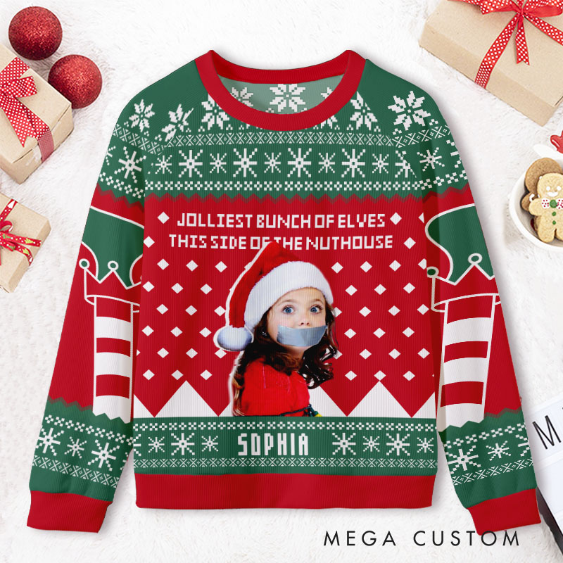 Personalized Cheerful Elf Squad Custom Photo and Name Festive Holiday Spirit Ugly Sweater Shirt