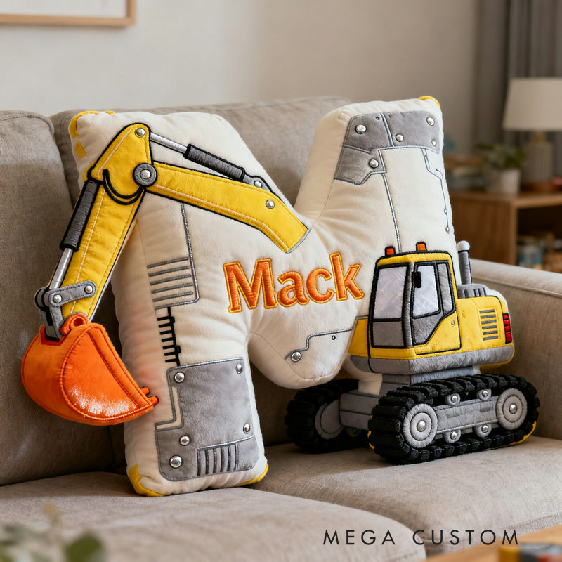 Personalized Excavator Theme Initial Name Graphic 3D Print Pillow Christmas Gift for Kids