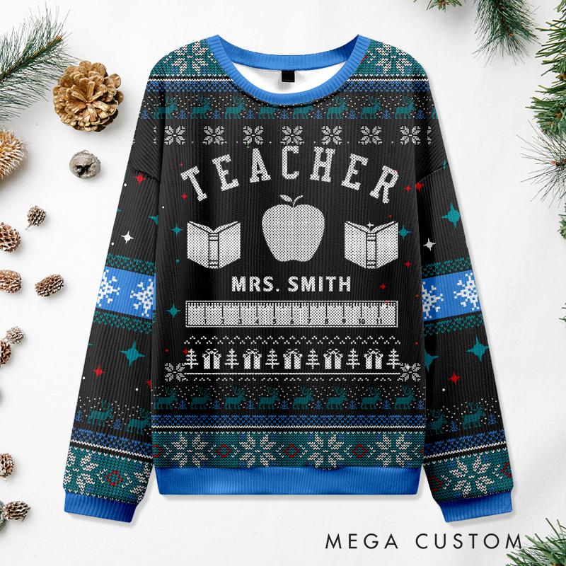 Personalized Teacher Christmas Ugly Sweater Book Apple Design Sweater Appreciation Gift for Teachers