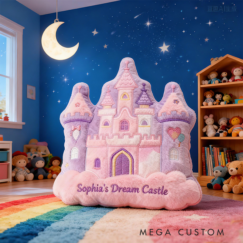 Personalized Pink Purple Castle Shape Custom Name Soft Decorative Gift Fairytale Princess Style Cozy Nursery Room Dream Magic Graphic 3D Print Pillow