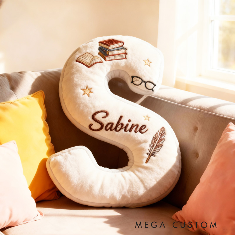 Personalized Book Alphabet Throw Pillow Graphic 3D Print Bookish Book and Glasses Pillow with Name for Kids Book Lover Gifts Birthday Gift