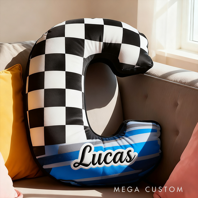 Personalized Racing Letter Pillow Graphic 3D Print Custom Name and Initial Checkered Flag Cushion Gift for Racers and Racing Lovers