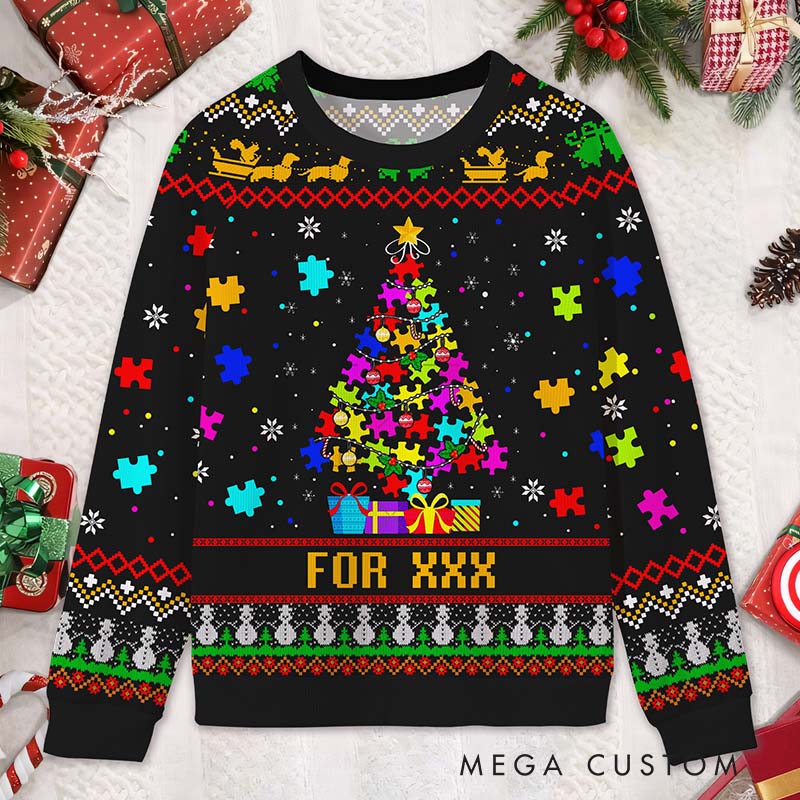 Personalized Christmas Tree Lights Reindeer Custom Name Funny Holiday Gift Festive Colorful Style Cozy Winter Party Joyful Autism awareness Ugly Sweater Shirt