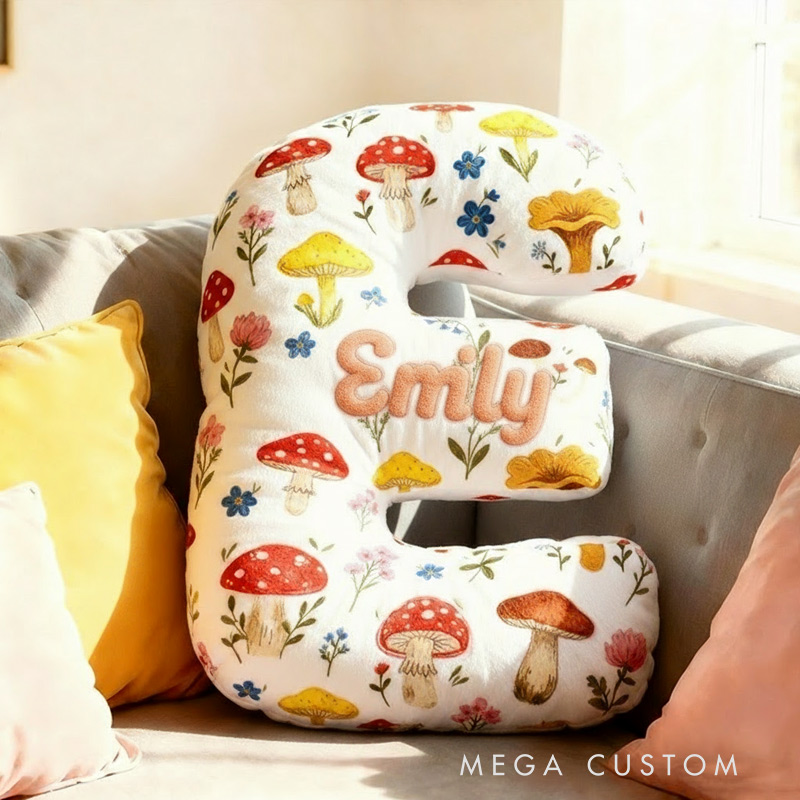 Personalized Cute Flower Letter Pillow Graphic 3D Print Whimsical Mushroom Flower Name Pillow for Kids Family Gardening Lover Gift