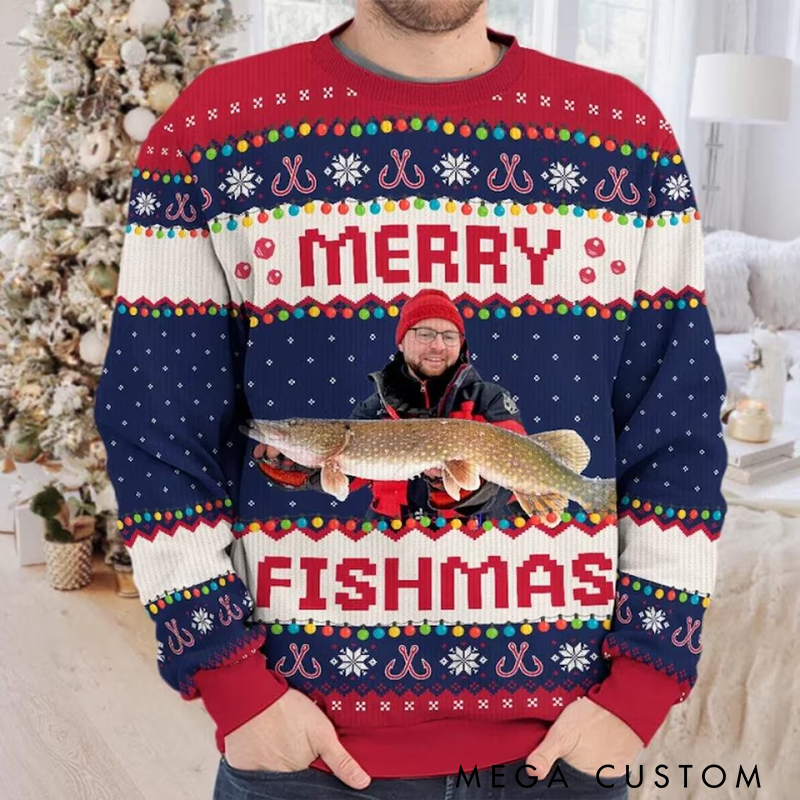 Personalized Merry Fishmas Sweatshirt Photo Fisherman Ugly Sweatshirt Funny Christmas Jumpers Photo Gift For Fishing Lover