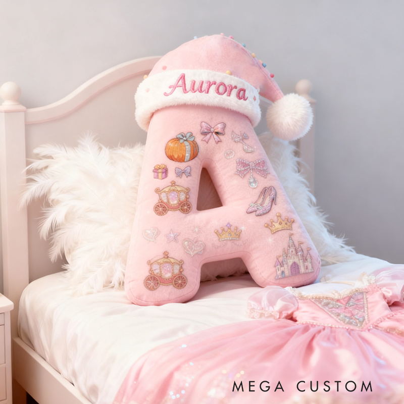 Personalized Pink Letter Pillow with Santa Hat Castle Crown Glass Slipper Pumpkin Carriage Bows and Fairytale Magic Graphic 3D Print Pillow