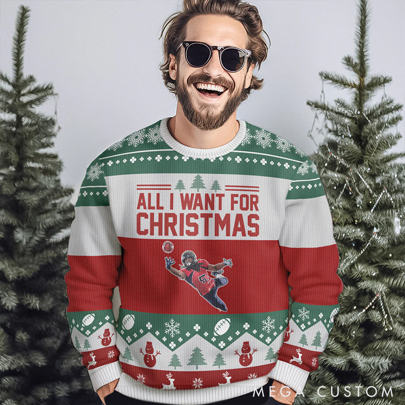 Personalized American Football Holiday Ugly Sweatershirt with Custom Photo and Festive Design