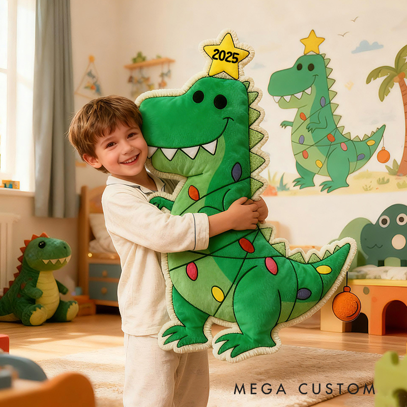 Personalized Christmas Dinosaur Light Custom Name Soft Decorative Gift Fun Holiday Style Cozy Kids Room Green Joyful Festive Magic Graphic 3D Print Pillow