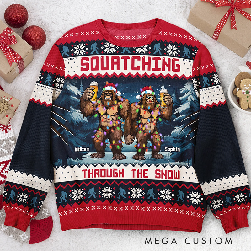 Personalized Squatching Through the Snow Ugly Sweater Christmas Gift for Outdoor Hiking Enthusiasts