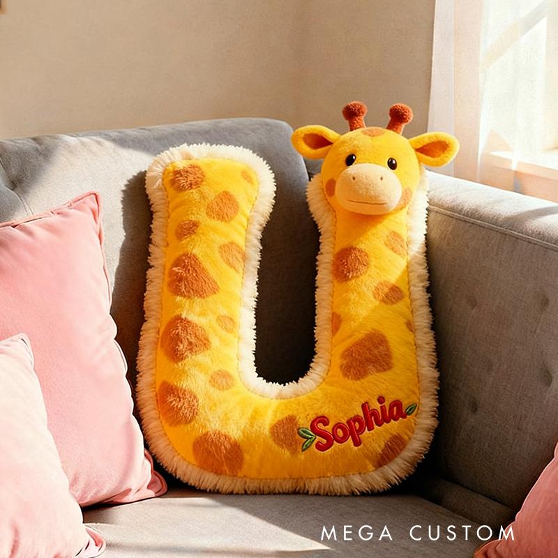 Personalized Giraffe Letter Name Custom Kids Gift Cute Animal Yellow Soft Cozy Decorative Graphic 3D Print Pillows