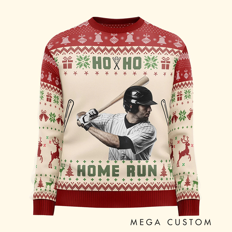 Personalized Baseball Ho Ho Home Run Ugly Sweatshirt with Custom Photo