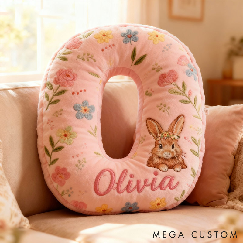 Personalized GirlFriend Flower Floral Rabbit Pink Pillow Custom Name Cushion Valentine's Gift for GirlFriend Christmas Gift for Her for Flower Girl