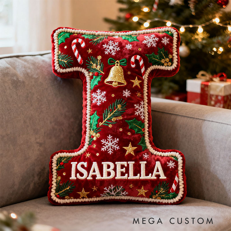 Personalized Christmas Letter Pillow Festive Holiday Decor Candy Cane and Bell Graphic 3D Print Cozy Custom Cushion for Living Room Soft Decorative
