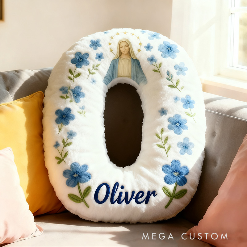 Personalized Catholic Virgin Mary Letter Pillow with Name Home Decor Our Lady Pillow Blue Floral Catholic Marian Pillow Christian Gift for Women
