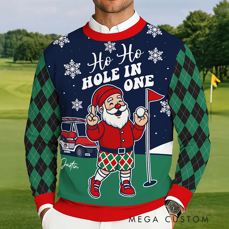 Personalized “Ho Ho Hole In One” Funny Santa Christmas Ugly Sweatshirt for Golf Enthusiasts